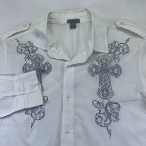 Pop‎ Icon Men's Long Sleeve Button Down Shirt XL Cross Embroidery White Western